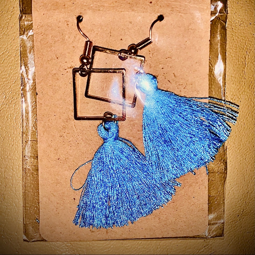 NWT Teal Blue Tassel & Gold Square Boutique Earrings Hypoallergenic New & Sealed